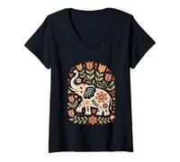 Donna Scandinavo Folk Art Elephant Floral Boho Maglietta con Collo a V