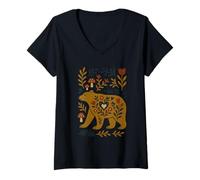 Donna Scandinavo Folk Art Orso Botanico Floreale Maglietta con Collo a V