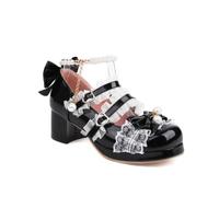 Donna Scarpe Mary Jane in Vernice con Tacco a Blocco 5 cm, Perle e Fiocco, Eleganti Scarpe da Cerimonia Festa