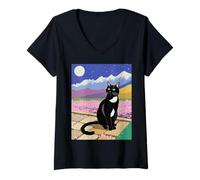 Donna Scena Notturna con Gatto Nero, Fiori di ciliegio, Luna, Montagna Maglietta con Collo a V