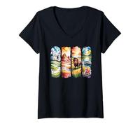 Donna Scene di Viaggio Americane Acquerello Arte Maglietta con Collo a V