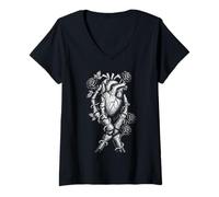 Donna Scheletro Anatomico Cuore Scuro Romanticismo Alt Grunge Emo Maglietta con Collo a V