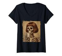 Donna Scheletro Bere caffè Bob Haircut Mattina Brew Maglietta con Collo a V