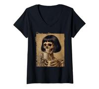 Donna Scheletro Bob Hair Coffee Lover Macabre Humor Maglietta con Collo a V