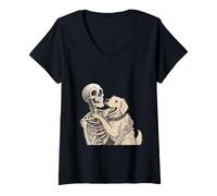 Donna Scheletro Che abbraccia Cane opere d'Arte Halloween Maglietta con Collo a V
