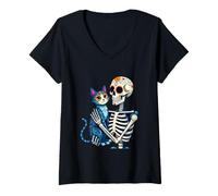 Donna Scheletro Che abbraccia Cat Sugar Skull Día de Los Muertos Costumi Maglietta con Collo a V