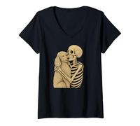 Donna Scheletro Che abbraccia Il Cane Barbone Halloween Maglietta con Collo a V