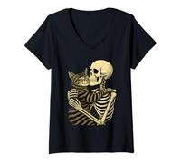 Donna Scheletro Che abbraccia Il Gatto Divertente Amante dei Gatti Carino Costume di Halloween Maglietta con Collo a V