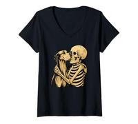 Donna Scheletro Che abbraccia Il Grande Cane Dane Halloween Maglietta con Collo a V