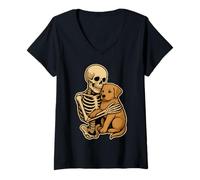 Donna Scheletro Che abbraccia Labrador Retriever Carino Amante dei Cani Halloween Maglietta con Collo a V