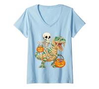 Donna Scheletro Che cavalca Dinosauro Horror Maglietta con Collo a V