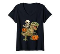 Donna Scheletro Che cavalca la Mummia Dinosauro T Rex Zucca Divertente Halloween Maglietta con Collo a V