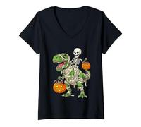 Donna Scheletro Che cavalca T-Rex Dinosauro - Cool Funny Spooky Halloween Maglietta con Collo a V