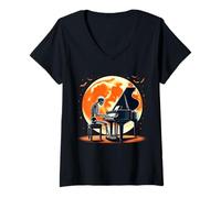 Donna Scheletro Che Gioca al Pianoforte Luna Halloween MUS Maglietta con Collo a V