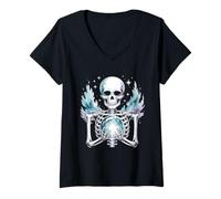Donna Scheletro Che Tiene Sfera di Cristallo Fantasy Magic Maglietta con Collo a V