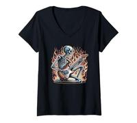 Donna Scheletro Chitarrista Musicista Rock Band Chitarrista Grafica Maglietta con Collo a V