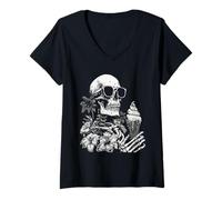 Donna Scheletro con Occhiali da Sole Ice Cream Gothic Summer Summerween Maglietta con Collo a V