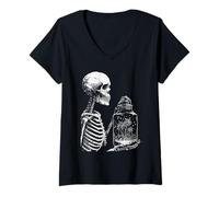 Donna Scheletro con Spiaggia Tropicale Gotico Estate Summerween Goth Maglietta con Collo a V
