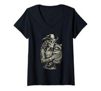 Donna Scheletro Cowgirl Raccoon Cowboy Goth Skull Western Gothic Maglietta con Collo a V