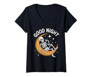 Donna Scheletro della buona Notte su Luna Crescente Maglietta con Collo a V