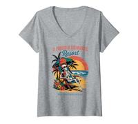 Donna Scheletro della Spiaggia di Día de Los Muertos - Afterlife Resort Humor Maglietta con Collo a V