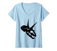 Donna Scheletro di Dinosauro con Testa di triceratopo (Design con Logo Nero) Maglietta con Collo a V