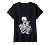 Donna Scheletro Divertente con Scritta Loves Cat Fino alla Morte Maglietta con Collo a V