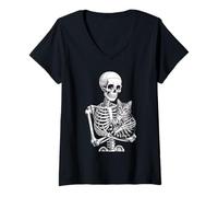 Donna Scheletro Divertente con Scritta Loves Cat Fino alla Morte Maglietta con Collo a V