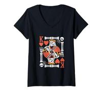 Donna Scheletro divertente re di cuori carte da gioco Halloween Poker Maglietta con Collo a V