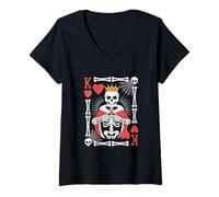 Donna Scheletro divertente re di cuori Halloween giocare a carte da poker Maglietta con Collo a V
