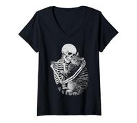 Donna Scheletro Famiglio Gatto Gothic | Witchcore Wicca Strega GAT Maglietta con Collo a V