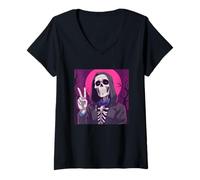 Donna Scheletro Mano Segno della Pace Anime Halloween all Hallows Eve Maglietta con Collo a V