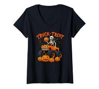 Donna Scheletro Monster Truck or Treat Halloween Zucca Ragazzi Ragazze Maglietta con Collo a V
