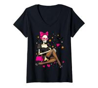 Donna Scheletro Pin Up Camicia Polka DOT Cuore Occhiali da Sole Retro Maglietta con Collo a V