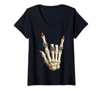 Donna Scheletro Rock On Hand Sign Rock'N Roll Girls Punk Goth Maglietta con Collo a V