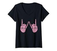 Donna Scheletro Rosa Rocker Hands Gothic Halloween Rock Music Maglietta con Collo a V