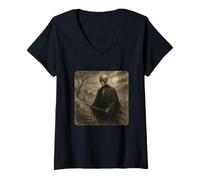 Donna Scheletro Samurai Warrior Katana Kimono Zen Sumi-E Vintage Maglietta con Collo a V