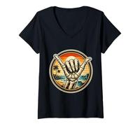 Donna Scheletro Shaka Gesto della Mano Vintage Surfing Surfer Surf Fan Maglietta con Collo a V