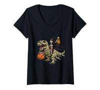 Donna Scheletro Strega cavalcando Una Mummia T-Rex Halloween Dolcetto o Scherzetto Maglietta con Collo a V