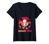 Donna Scheletro Summer-ween Beach Halloween Vibe Sunset Party Maglietta con Collo a V