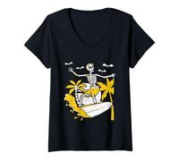Donna Scheletro Surfing Halloween Hawaii Divertente Hawaiian Bone Surfer Maglietta con Collo a V