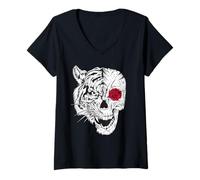 Donna Scheletro Teschio Spaventoso Halloween Rock n Roll con Rosa Maglietta con Collo a V