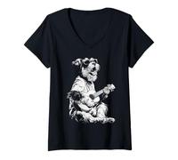 Donna Schnauzer Carino con Occhiali da Sole Chitarrista Cane Chitarrista Maglietta con Collo a V