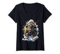 Donna Sci Bisonte con Neve e Fiocchi di Neve Inverno Animale Nevoso Maglietta con Collo a V