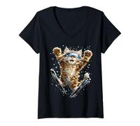 Donna Sci Maine Coon con Neve e Fiocchi di Neve Gatto Invernale Snowy Maglietta con Collo a V