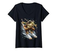 Donna Sci Rana con Neve e Fiocchi di Neve Inverno Animale innevato Maglietta con Collo a V