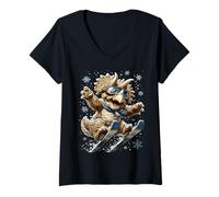 Donna Sci Triceratopo Neve e Fiocchi di Neve Snowy Winter Dinosaur Maglietta con Collo a V