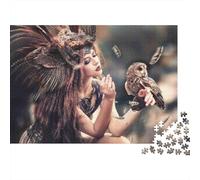 Donna sciamana piumata, puzzle 1000 pezzi per adulti, sciamano, gufo, piume, premium alta qualità spesso robusto, vibrante, stimolante, antistress, regalo, 52x38cm/1000pz