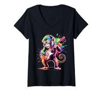 Donna Scimmia Che Suona la Chitarra Stile Poster colorato Vernice Splatter Maglietta con Collo a V