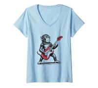 Donna Scimmia Rock, scimmietta Divertente Che Suona la Chitarra Maglietta con Collo a V
